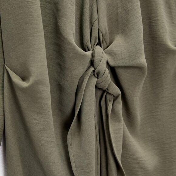 ZARA Fluid Knot Sage Green 3/4 Sleeve Draped Pleated Front Slit Midi Dress M - Picture 7 of 13